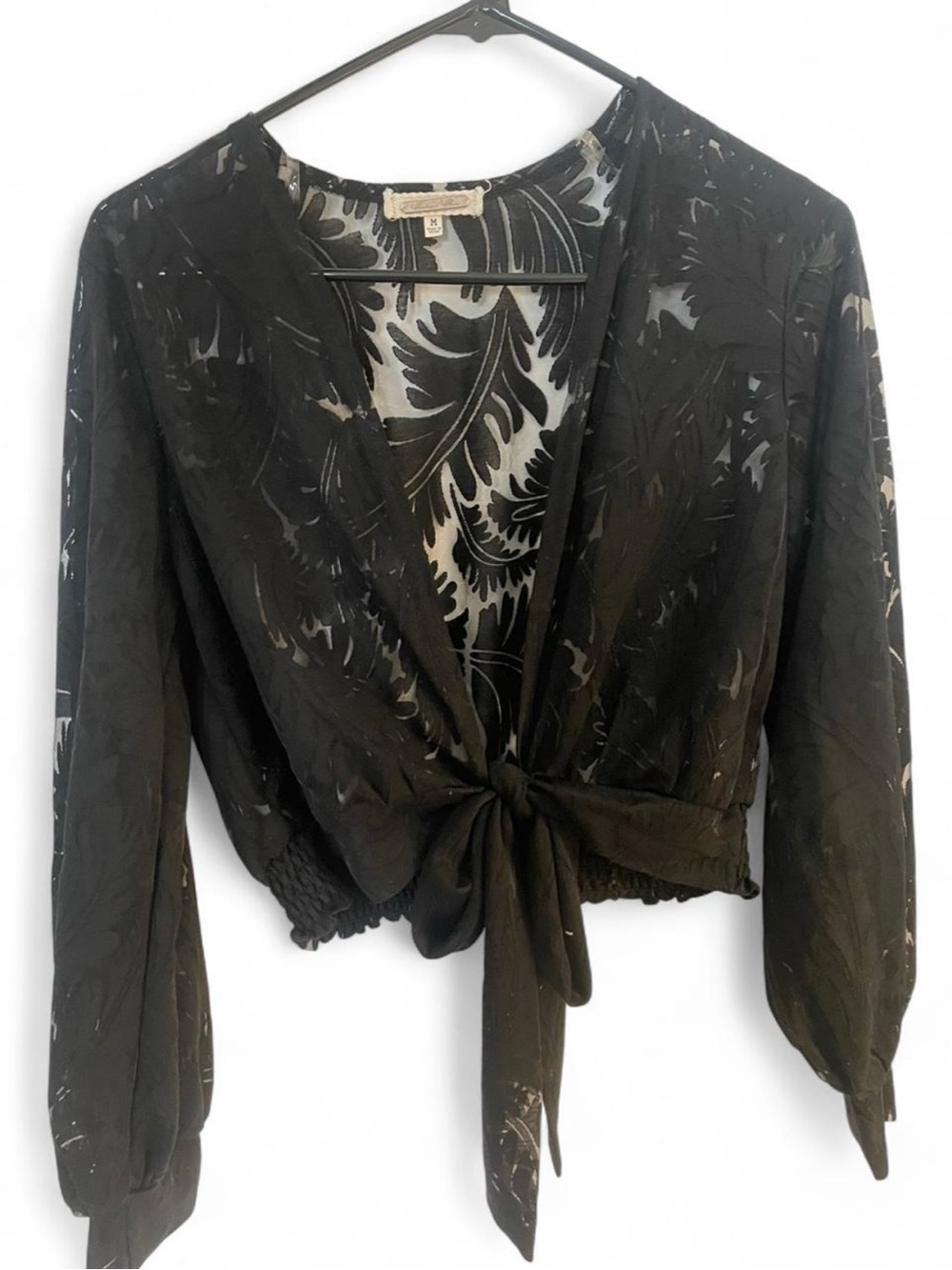 Black Lace Tie Front Crop Top Sz S Sheer Long Sleeve Boho Romantic Whimsigoth